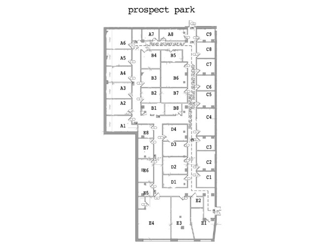 Floor plan map of Tape Deck Studios' available rehearsal spaces at 774 Broadway, Brooklyn.
